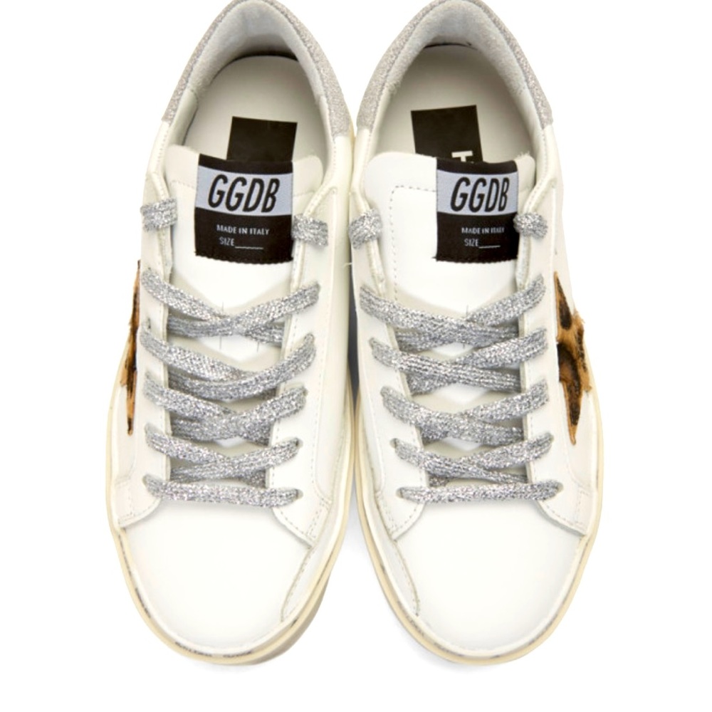 Golden Goose White and Silver Leopard Lurex Hi Star Sneakers